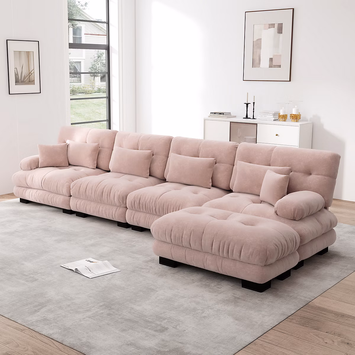 Canapé d'angle modulaire – 4 places, pouf, tissu Chenille, coussins Cloud, confort exceptionnel, structure en bois, Rose