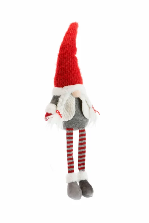 Accessoire pour le jardin：Gnome assis fille en tissu avec bonnet en maille lurex rouge - 24 x 13 x 78 cm