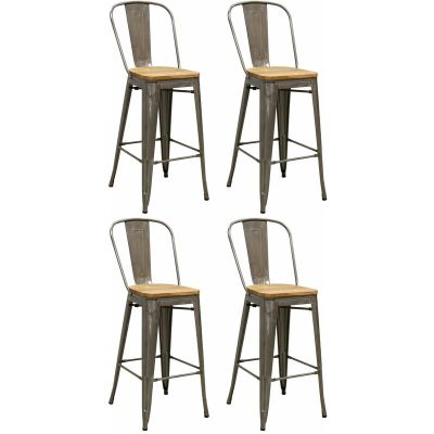 Tabouret industriel en métal et bois d'orme huilé (Lot de 4) (Acier brossé)