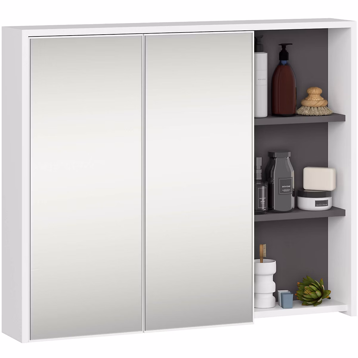 Armoire salle de bains VAMI suspendu avec miroir Blanche 90 cm 2 portes façade Gris Graphite 6 étagères 90 × 15 × 75 cm