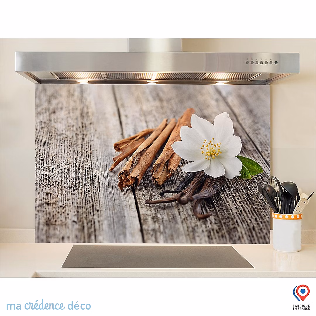Crédence cuisine fond de hotte Cannelle et fleur de vanille – Verre trempé, L 90 cm x H 50 cm, MaCrédenceDéco
