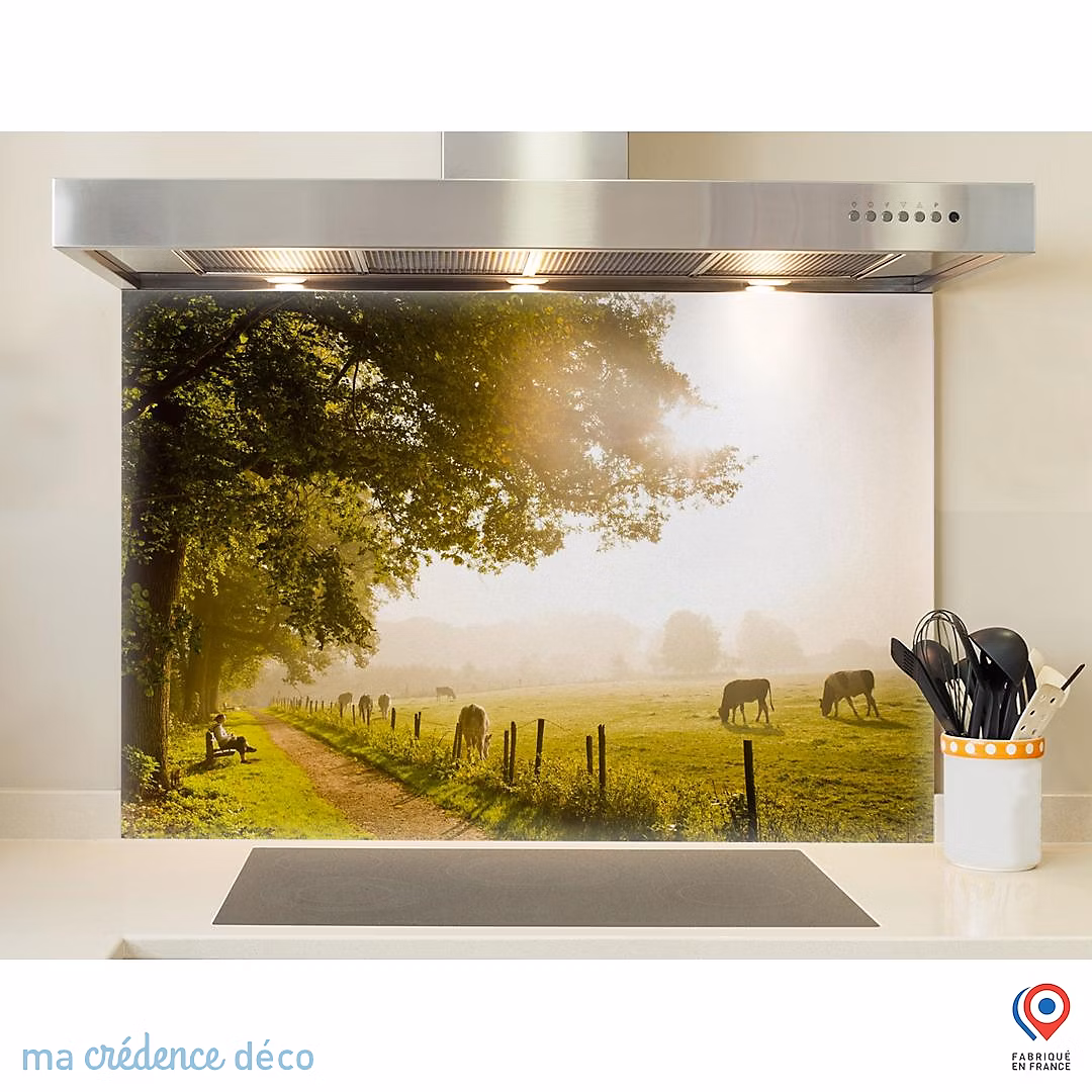 Crédence cuisine fond de hotte champ de vaches lumineux – Verre trempé, L 90 cm x H 50 cm, MaCrédenceDéco