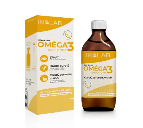 Pratique pour l’extérieur:Complément alimentaire Oméga 3 ultra-concentré goût citron Inolab – 150 ml