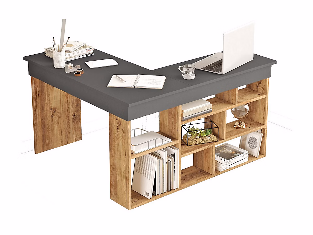 Bureau d'angle avec rangements – Coloris : Anthracite et naturel, LILEUL