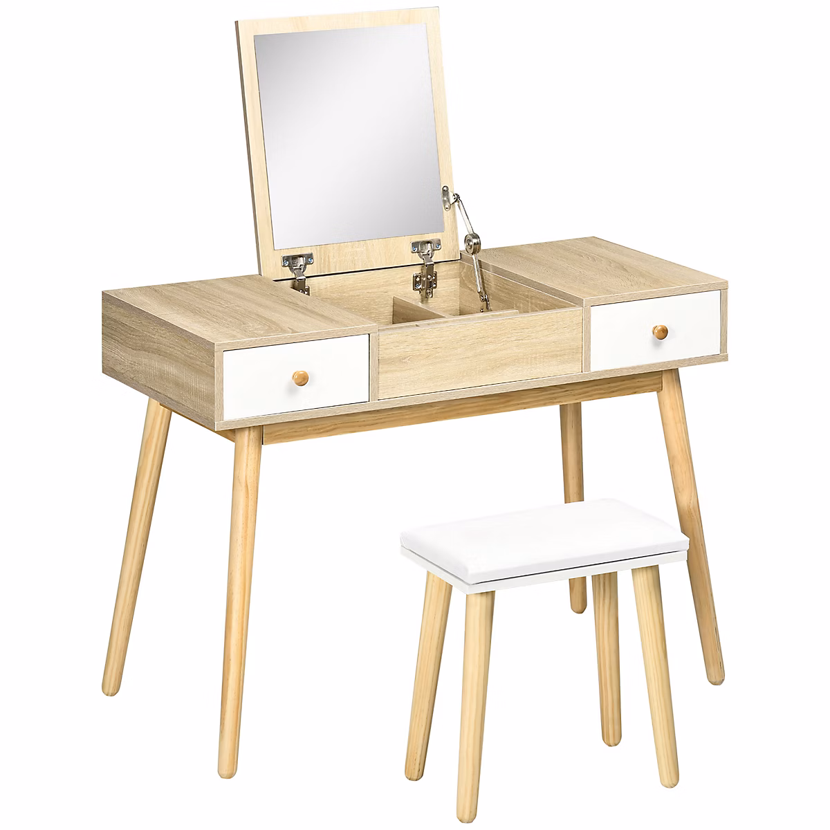 Coiffeuse avec tabouret style scandinave – 2 tiroirs, compartiment porte miroir, panneaux aspect chêne clair blanc