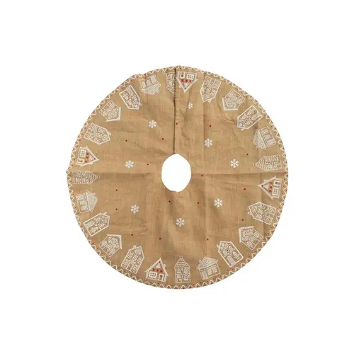 Pour un extérieur plus pratique:Jupe de sapin en jute beige décor maisons blanches - Ø 120 cm