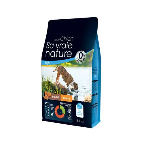 Pour vos espaces verts：Croquettes light sans céréales pour chien adulte au poulet et à la dinde Sa Vraie Nature - 2,5 kg