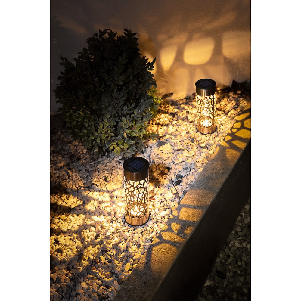 Borne solaire en inox ajourée – Hauteur 28 cm | Diamètre 6 | 9cm | à planter ou poser | lumière blanc chaud | 4 Lumens