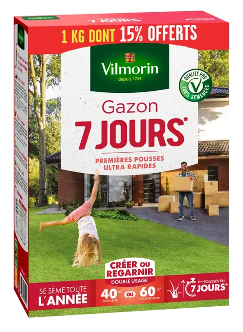 Conçu pour vos extérieurs：Semences de gazon 7 jours en boîte Vilmorin - 1 kg