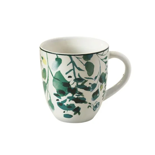 Jardin en douceur:Mug en grès Oxalis coloris blanc motif floral vert - 32 cl
