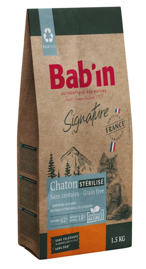 Sélection pour vos extérieurs：Croquettes pour chaton stérilisé au poulet sans céréales Bab'in Signature - 1,5 kg
