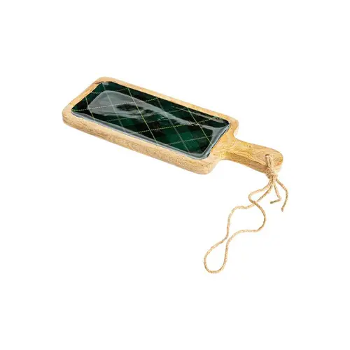 Pour mieux organiser votre jardin:Planche rectangulaire en bois de manguier émaillé vert à décor carreaux - 38 x 14 x 2 cm