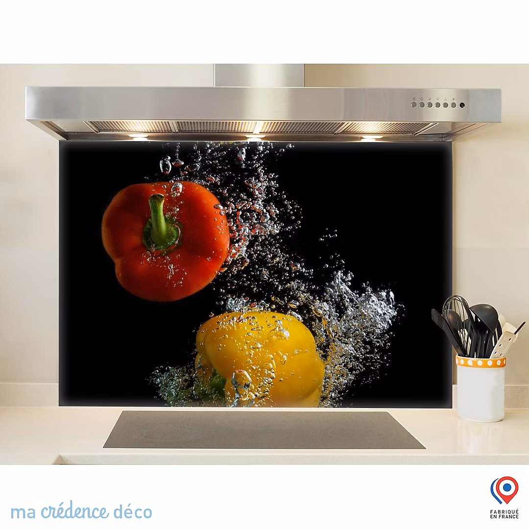 Crédence cuisine fond de hotte Bain de poivrons – Verre trempé, L 70 cm x H 60 cm, MaCrédenceDéco
