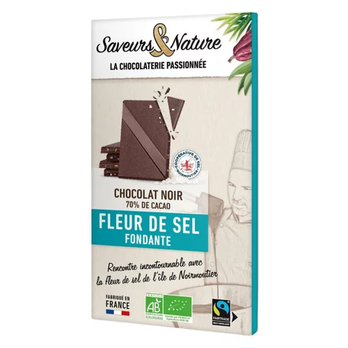 Pour un extérieur bien équipé:Chocolat noir 70% fleur de sel bio Saveurs et Nature - 80 g