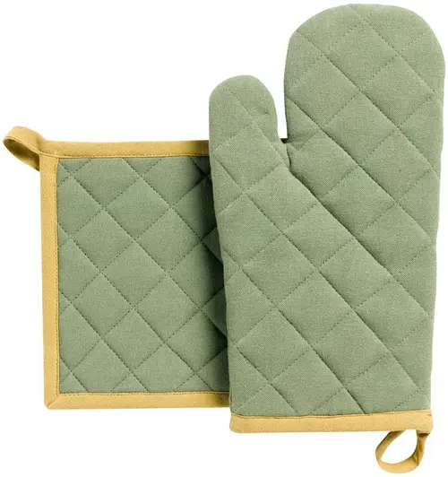 Jardin et pratique:Lot gant et manique en coton recyclé coloris matcha Grace - 32 x 18 cm
