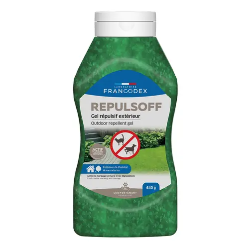 Idéal pour l’extérieur:RŽpulsif d'extŽrieur pour chien et chat en gel marquages urinaires et dŽgradations Francodex Repuls'Off - 640 g