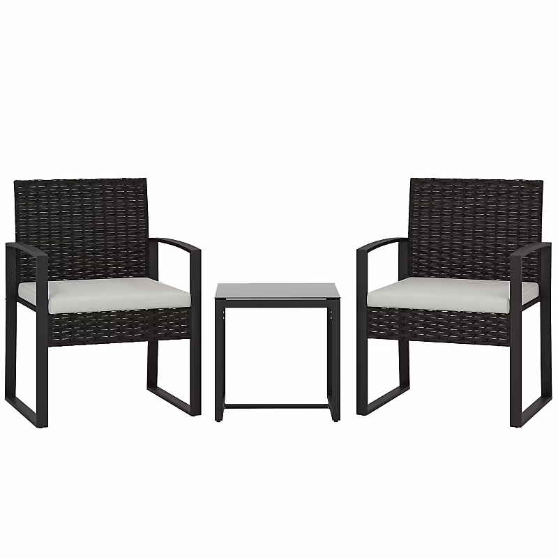Bistro de jardin en rotin 3 pièces – 2 chaises + table basse | coussins amovibles crème | idéal balcon et terrasse