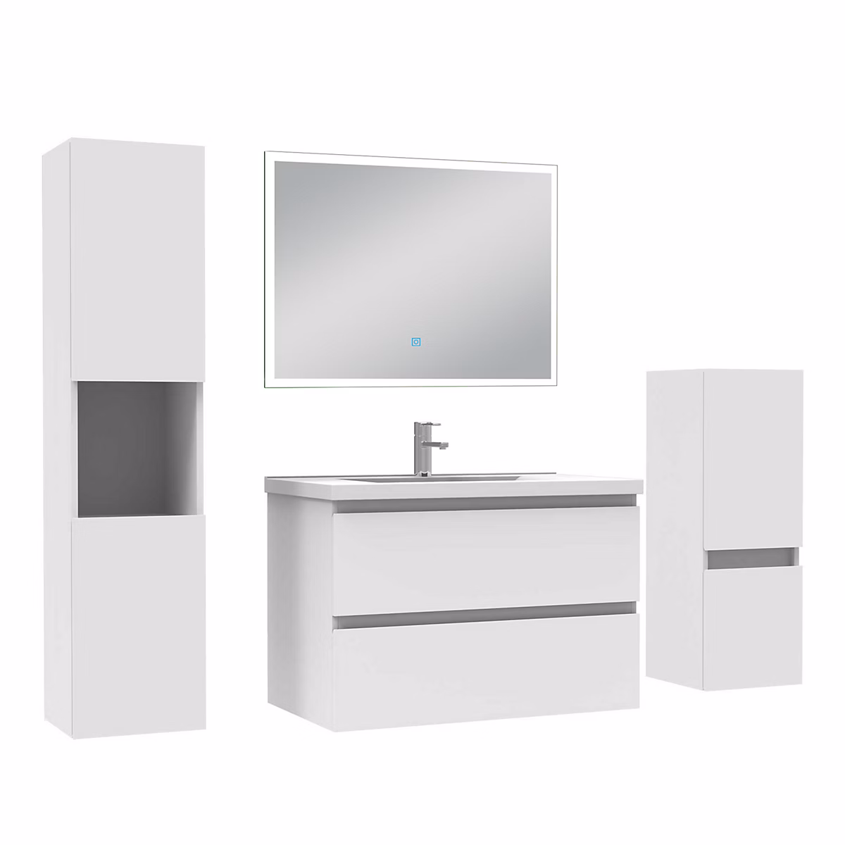 Ensemble meuble de salle de bains – Ensemble meuble Salle de Bain 80cm avec simple vasque et colonne et miroir lumineux dimmable blanc