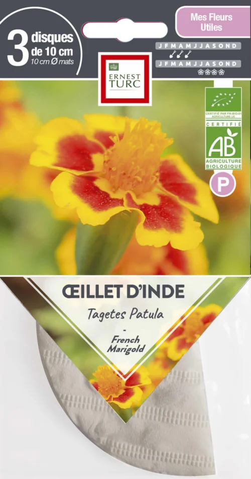 Pour vos espaces verts:Graines présemées d’œillet d’Inde bio Ernest Turc - 3 ronds de 10 cm