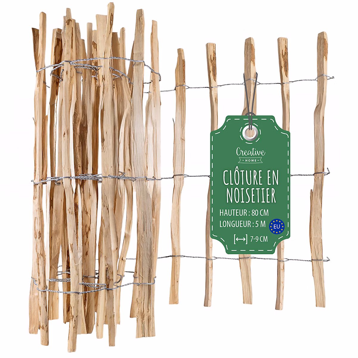 Creative Home Clôture en Bois de Noisetier – 80 cm x 5 m, Clôture en Rouleau avec Espacement de 7-9 cm, Bordure de Jardin