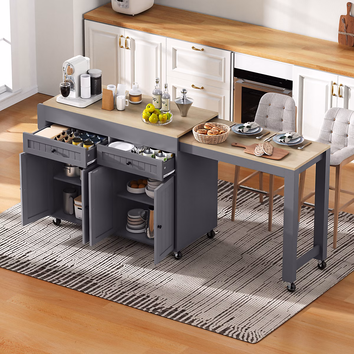 Îlot de Cuisine – Tiroirs, Plan de Travail, Desserte à Roulettes, Rangement, Espace Extensible, 112-180,5 × 45 × 92 cm, MDF Gris