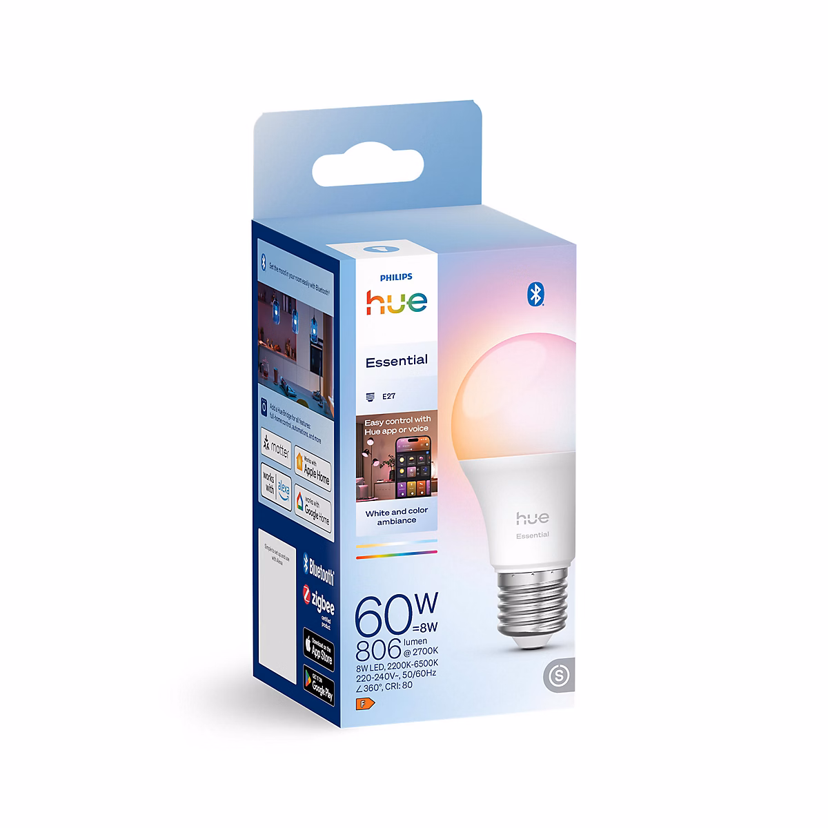 Ampoule LED E27 A60 dépoli connectée RVB blanc variable 806 lm dimmable 8W Philips Hue | Ampoule