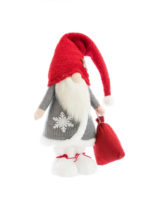 Tout pour le jardin:Gnome debout en tissu avec manteau gris et sac à cadeau rouge - 25 x 16 x 88 cm