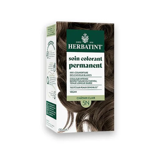 Indispensable au jardin:Coloration permanente pour cheveux châtain clair 5N aux extraits végétaux biologiques vegan Herbatint - 170 ml