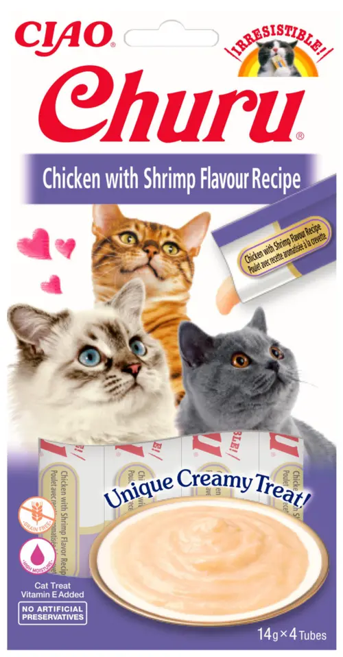 Jardin qualité：Friandise à lécher pour chat Inaba Churu poulet/crevette 14 g - les 4 pièces