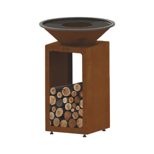 Extérieur équipement：Brasero de cuisson coloris cognac avec porte-bûches B.B.O 58 Oyat - Ø 58 cm