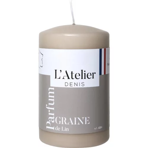 Jardin actuel：Bougie cylindrique taille S beige parfum lin L’Atelier de Denis - Ø 6,8 x H 11 cm