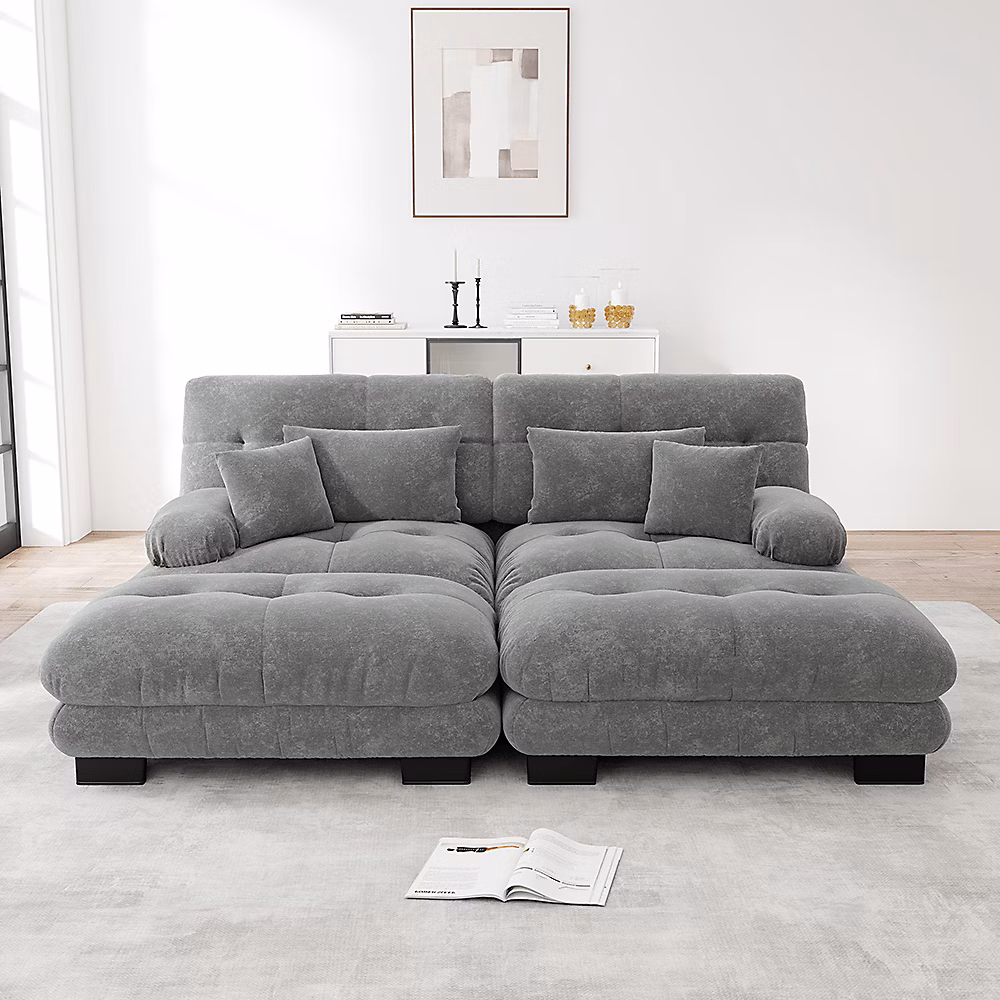 Canapé d'angle Cloud double en chenille avec coussins lombaires et décoratifs – larges accoudoirs et 2 poufs, gris