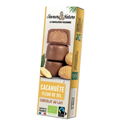 Qualité pour le jardin:Bouchées à la Cacahuète et Fleur de sel enrobées de Chocolat boîte 45g