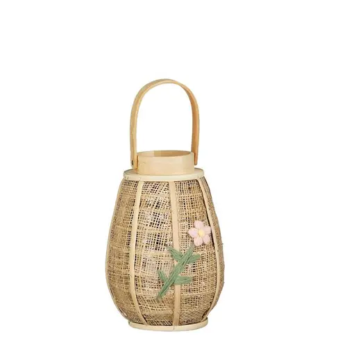 Facile dehors:Lanterne en toile de jute marron avec motif fleur rose - Ø 20 x H 28 cm