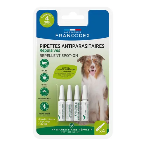 Pratique au jardin：Pipettes antiparasitaires répulsives pour grand chien de plus de 20 kg Francodex - 4 x 2 ml