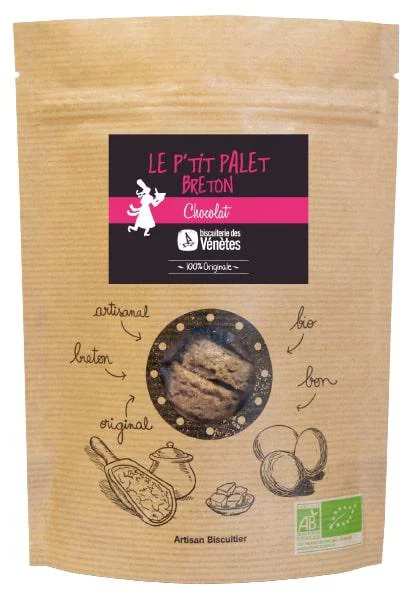 Extérieur nature：P’tit Palet Breton bio chocolat. Le sachet de 125 g