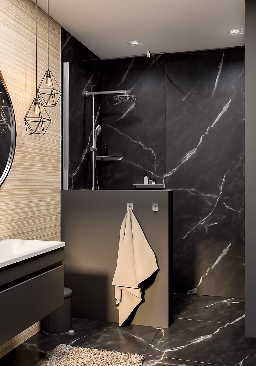 2 Panneaux muraux de salle de bains effet marbre de Carrare noir mat – l.100 x H.210 cm, Schulte Décodesign Softtouch