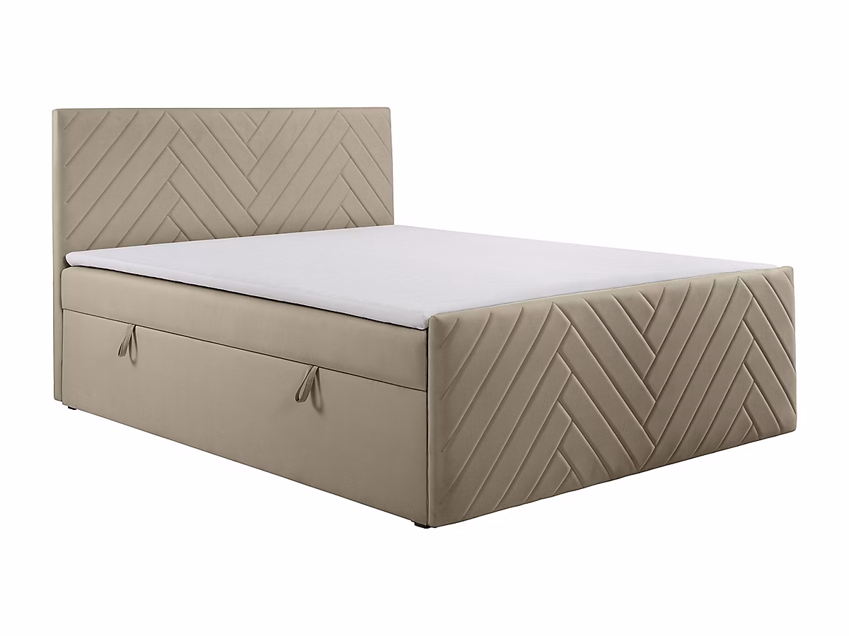 Ensemble complet literie déco tête de lit + sommiers coffre + matelas + surmatelas – 160 × 200 cm | Velours | Taupe | MAKANA de