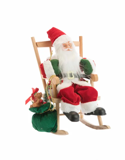Idéal pour l’extérieur：Père Noël traditionnel en tissu rouge et vert assis sur une chaise avec hotte posée - 30 cm