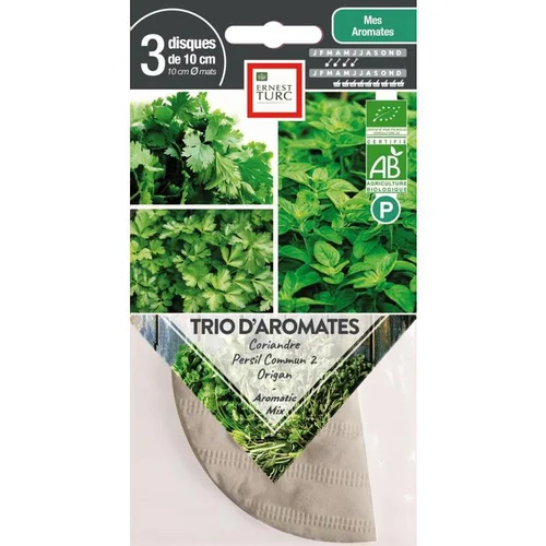 Un indispensable au jardin:Graines présemées de Trio d’aromates bio Ernest Turc - 3 ronds de 10 cm