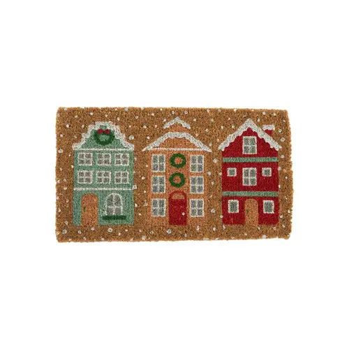 Jardin tendance：Paillasson en fibre de coco motif maisons sous la neige - 72 x 40 cm