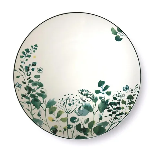 Confort jardin：Assiette plate en grès Oxalis coloris blanc motif floral vert - Ø 27 cm