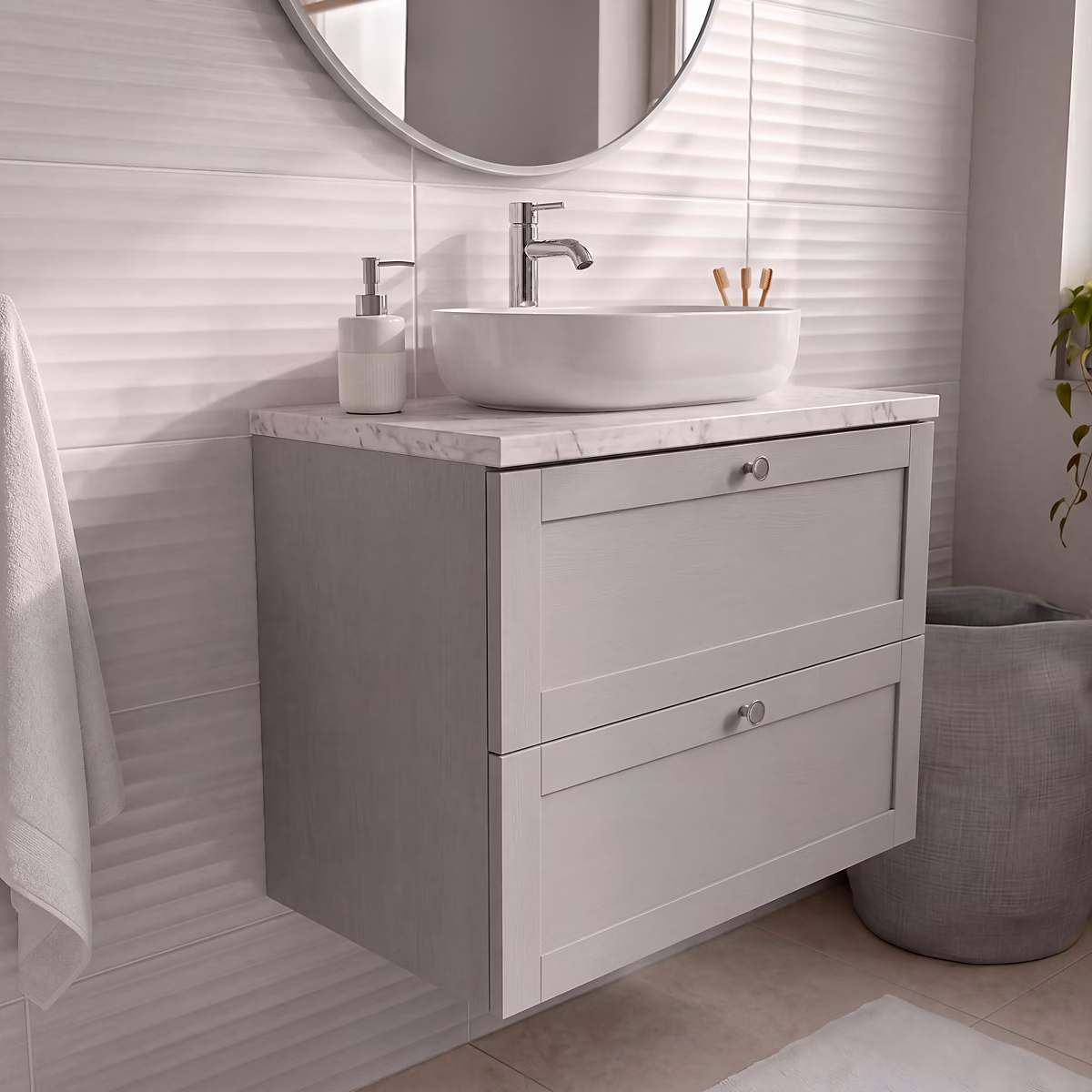 Meuble sous vasque suspendu taupe l.80 cm 2 tiroirs Imandra + plan de toilette effet marbre blanc Cadélia – GoodHome