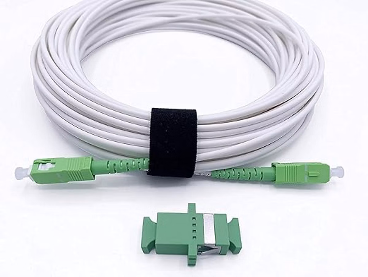 Elfcam – 20m Câble Fibre SC/APC à SC/APC (Blanc) Monomode, Simplex, Adaptateur Inclus, Livebox, SFR Box, Bbox
