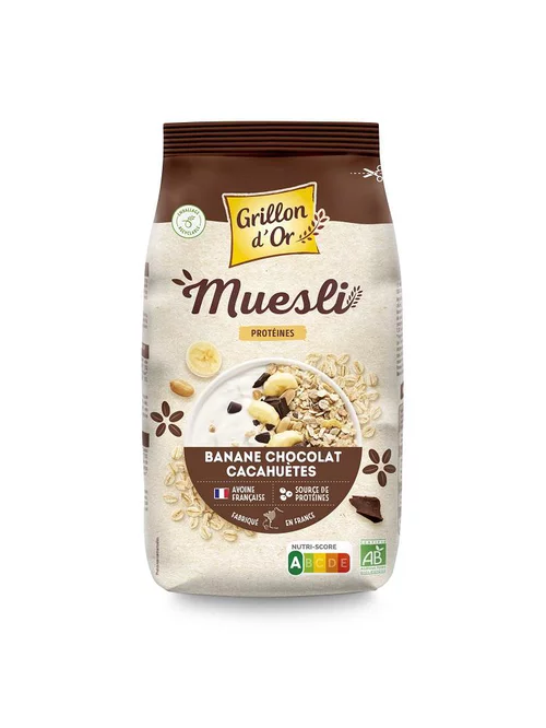 Solution jardin:Muesli banane chocolat cacahuètes protéine bio Grillon d'or - 500 g