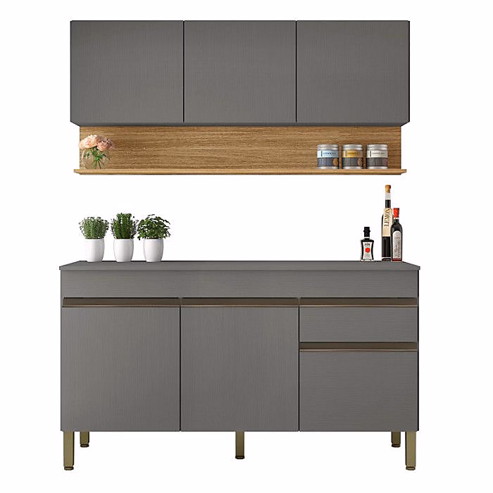 Cuisine Equipée – LINE, 6 Portes 1 Tiroir, Imitation Chêne et Gris, L 150 x H 200 cm