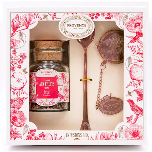 Jardin & pratique:Coffret tisane aux fruits bio avec boule à infusion et cuillère Provence d’antan - 45 g