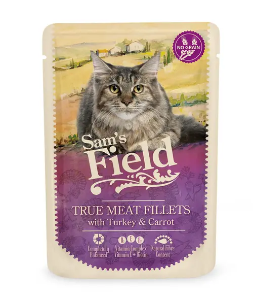 Pour aménager le jardin:Pâtée pour chat en sachet à la dinde et aux carottes Sam's Field - 85 g