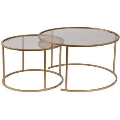 Ensemble de 2 tables gigognes rondes en métal et verre Auruma (Doré avec verre bronze)