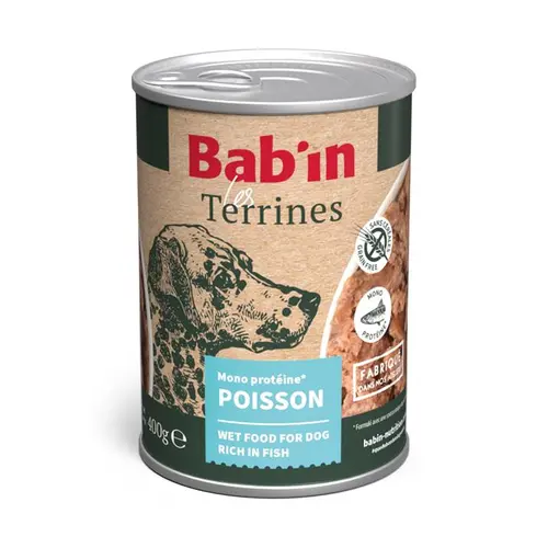 Conçu pour vos extérieurs：Aliment humide pour chien Bab’in Terrine poisson - 400 g